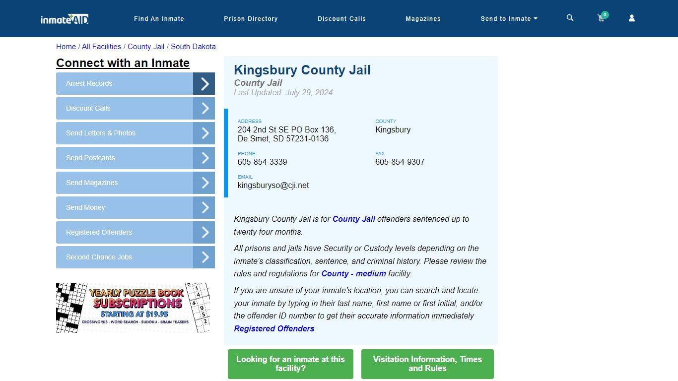 Kingsbury County Jail - Inmate Locator